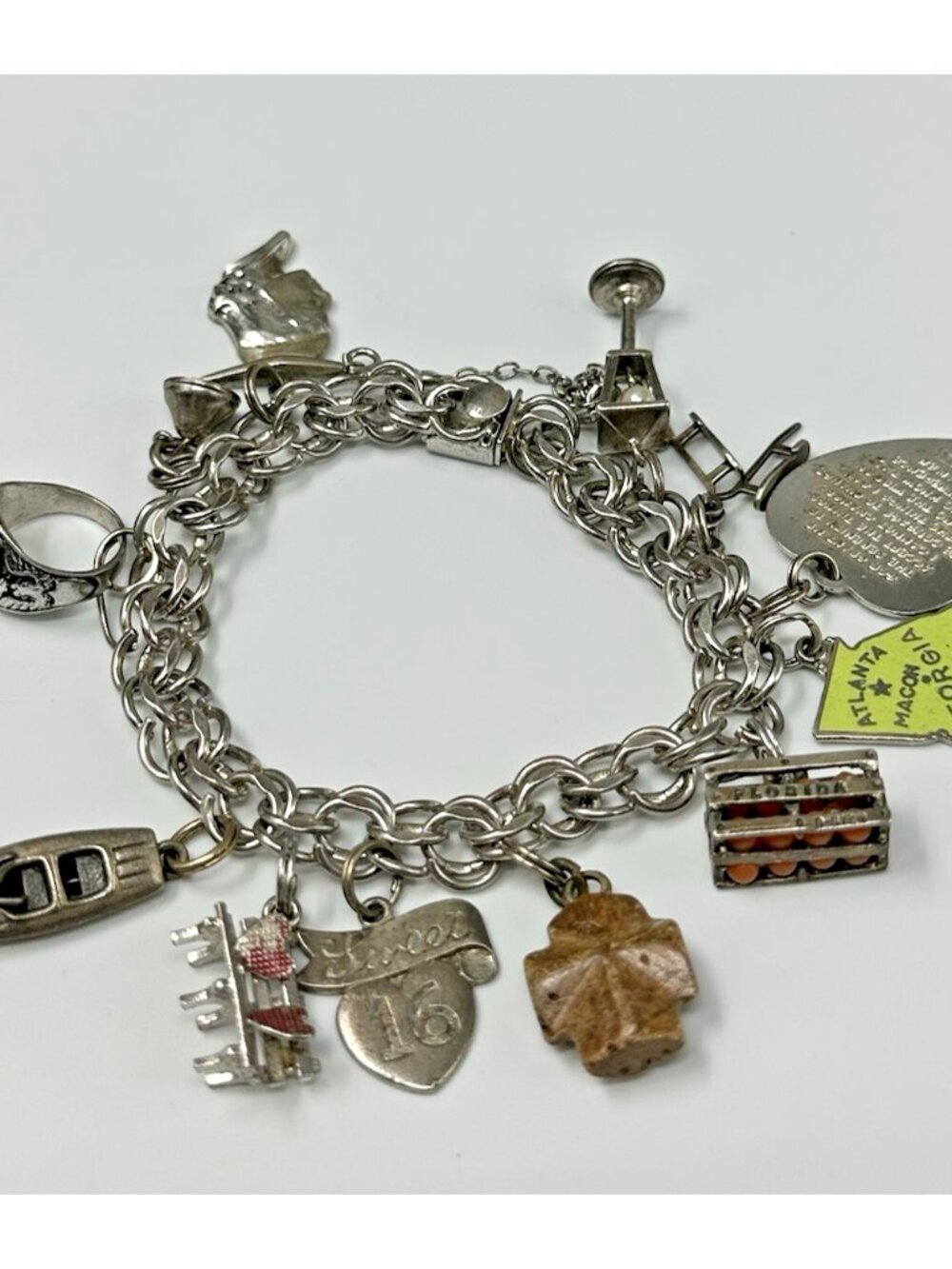 Vintage Sterling Silver Charm Bracelet Georgia Florida Charms Class Ring 6.75"